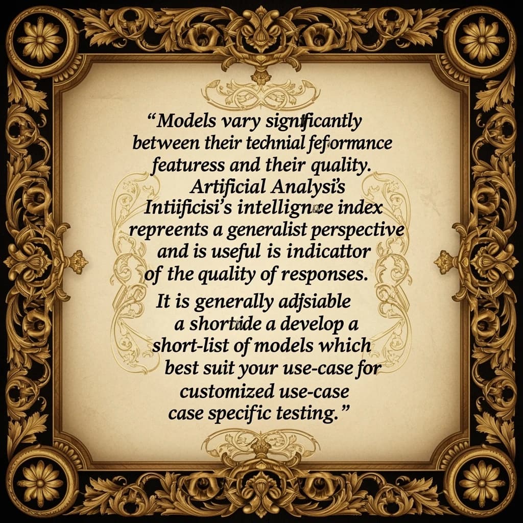 On a flat layout, write in an ornate baroque style "Models vary significantly between their technical performance, features and their quality. Artificial Analysis's intelligence index represents a generalist perspective and is useful as an indicator of the quality of responses. It is generally advisable to develop a short-list of models which best suit your use-case for customized use-case specific testing. "