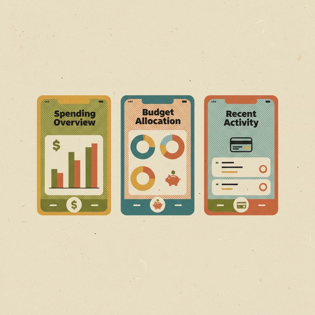 Make mobile finance app screens with mid-century palette, halftone, paper grain.