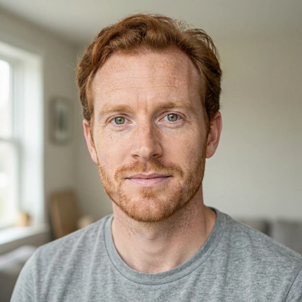 Shoot a natural light headshot of a red-haired man with freckles, green eyes.
