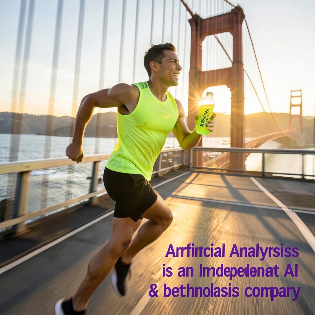 A runner dashes across the Golden Gate Bridge at dawn, sunlight streaming between cables. In their hand, they carry a neon-green sports drink with the brand name Artificial Analysis splashed boldly across the bottle. Motion blur emphasizes speed, while crisp purple sans serif typography overlays the bottom right of the scene with the tagline: Artificial Analysis is an independent AI benchmarking & analysis company