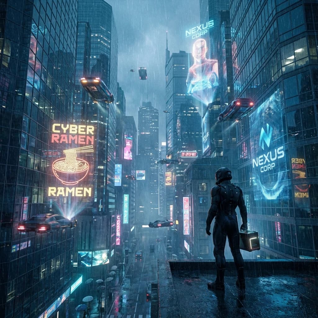 Rain-soaked neon megacity at night, flying taxis weave between glass towers, giant holograms flicker; a lone courier in a matte exosuit, somewhat cinematic wide angle.