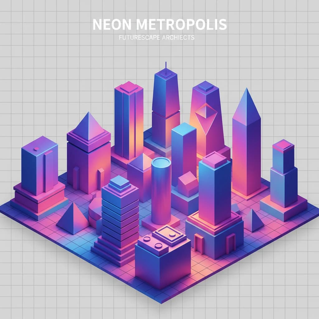 Render an isometric city poster with geometric buildings, neon gradients, gloss highlights, soft AO shadows, clean sans-serif lettering, grid layout, reflections a bit overexposed.