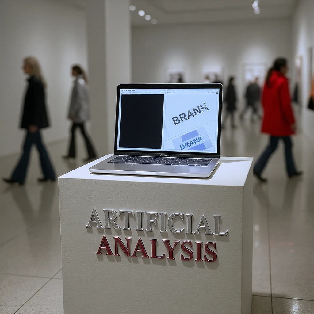 In a spotless gallery space, a pedestal supports a transparent laptop whose screen flickers between static and pristine brand imagery. Shoppers blur past in designer clothes that appear slightly outdated - bell bottoms, metallic jackets. The embossed logo “Artificial Analysis” glints silver, yet its reflection in the glass floor reads in crimson letters. A single spotlight shines, though shadows fall in two directions.