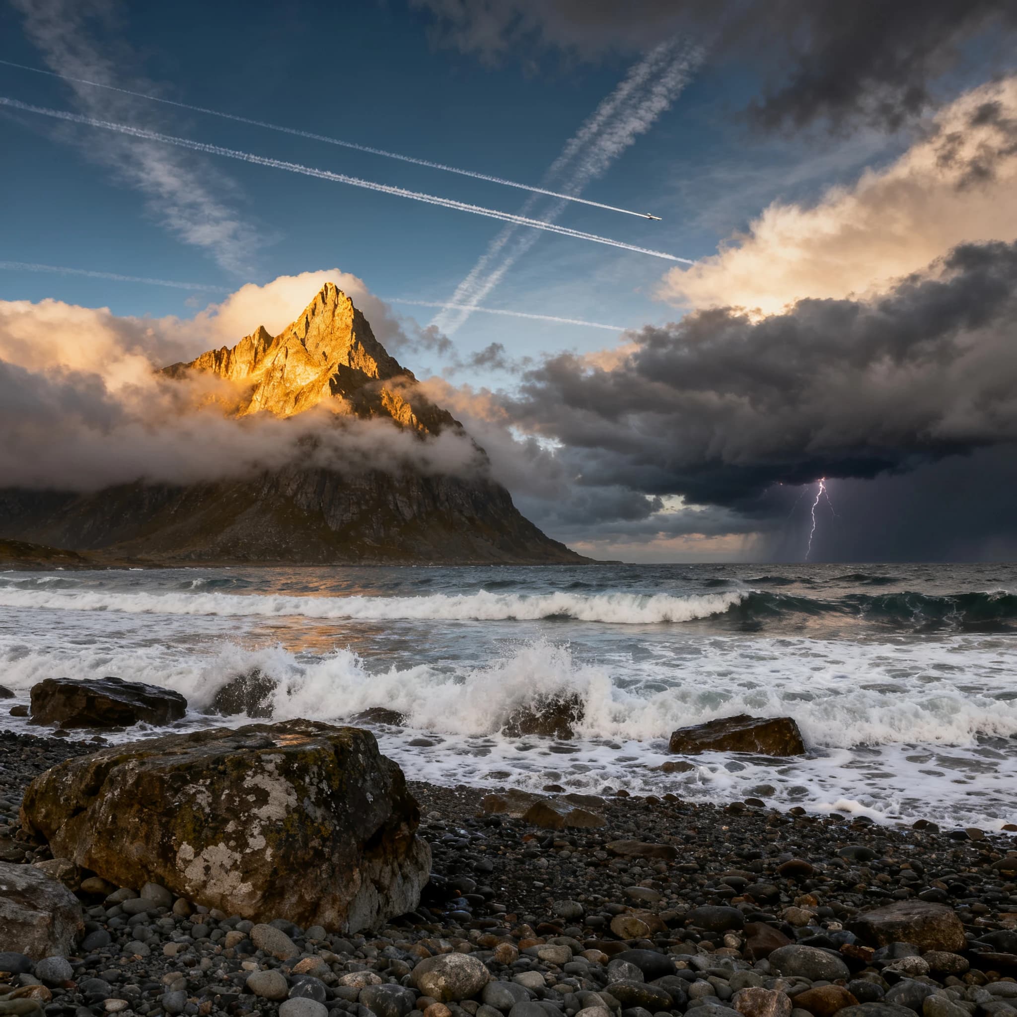 A stunning mountain vista pokes through the cloud top. Contrails from a distant airplane linger in the air. In the foreground there is a stony beach with foamy seas. A thunder storm is visibile in the distant right.
