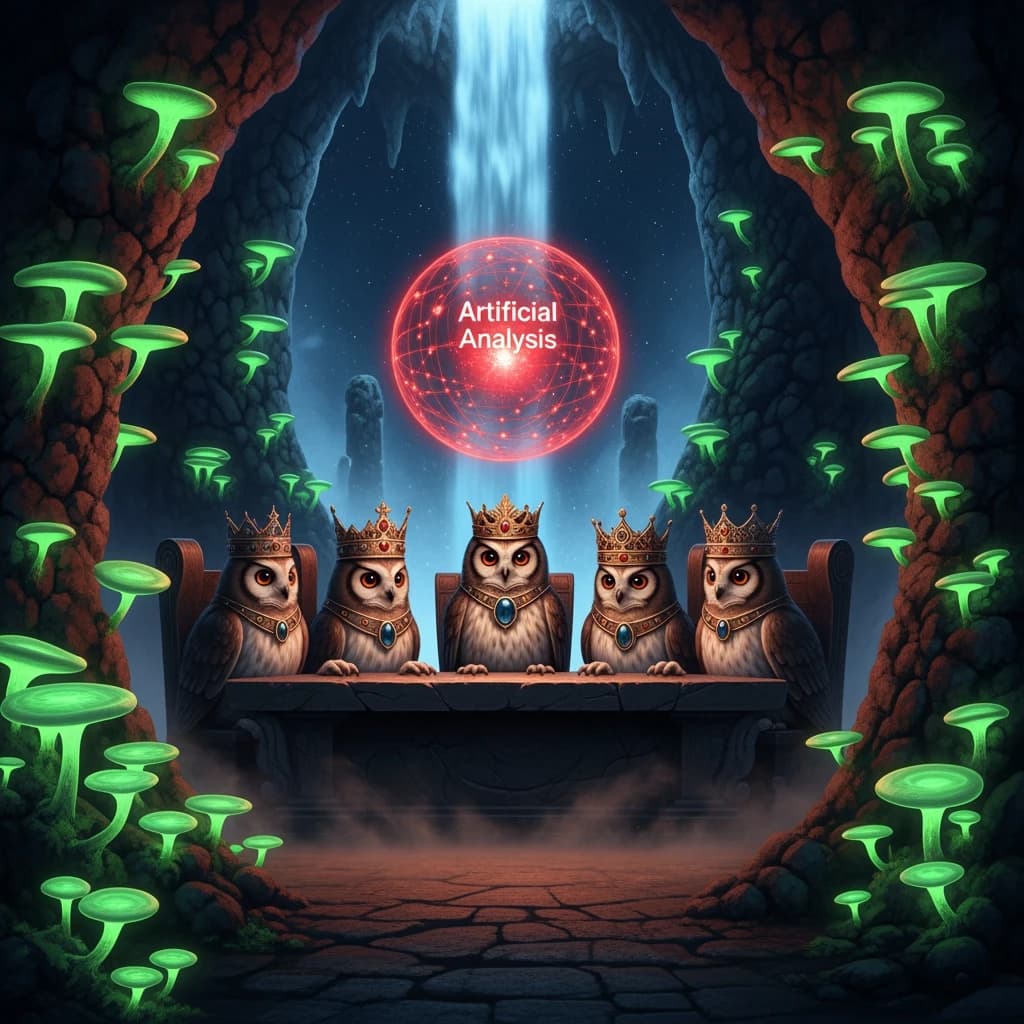 In a cavern lined with bioluminescent fungi glowing lime green, the council of owls wear jeweled crowns that glimmer with rubies, their wings folded behind their backs. Dust coats the stone table, a glowing orb inscribed with “Artificial Analysis” hovers above the table illuminating the owls with its red pulsating light. Behind them, a waterfall falls upward into a ceiling that opens onto stars - a child looks down in wonder from above at what he has stumbled across.