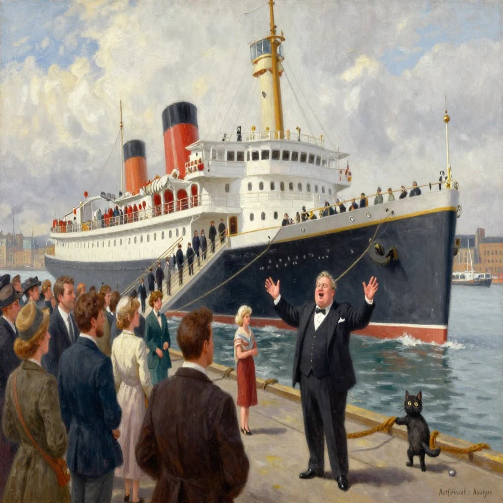 An impressionistic painting of the mighty steamer the "SS Unsinkable We Really Mean It This Time" on a cloudy but bright London morning about to set out on her maiden voyage. A jubilant crowd is gathered on the dock around the paunchy mayor who is making a speech, gesticulating wildly with his hands. The gangways are busy with well heeled ladies and gentlemen making their way onto the ship. A cheeky cat hangs over the water, clinging to the mooring rope after an ill-fated attempt to climb up. The artist has signed his name "Artificial Analysis" in the bottom corner