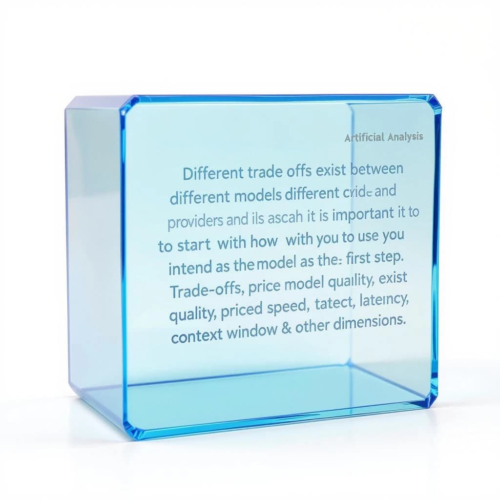 In a clear transparent blue glassy rounded box, etch "Different trade offs exist between different models and providers and as such, it is important to start with how you intend to use the model as the first step. Trade-offs exist currently between model quality, price, output speed, latency, context window & other dimensions. " in sans serif medium weight text. Artificial Analysis is watermarked over the top right 