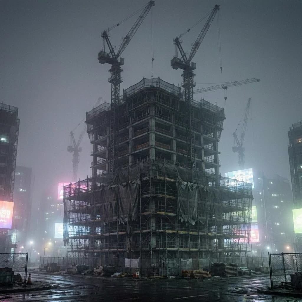 A construction site stretched upward into fog, cranes frozen in silhouette. Wind rattled scaffolding draped with torn mesh that glowed faintly from nearby billboards