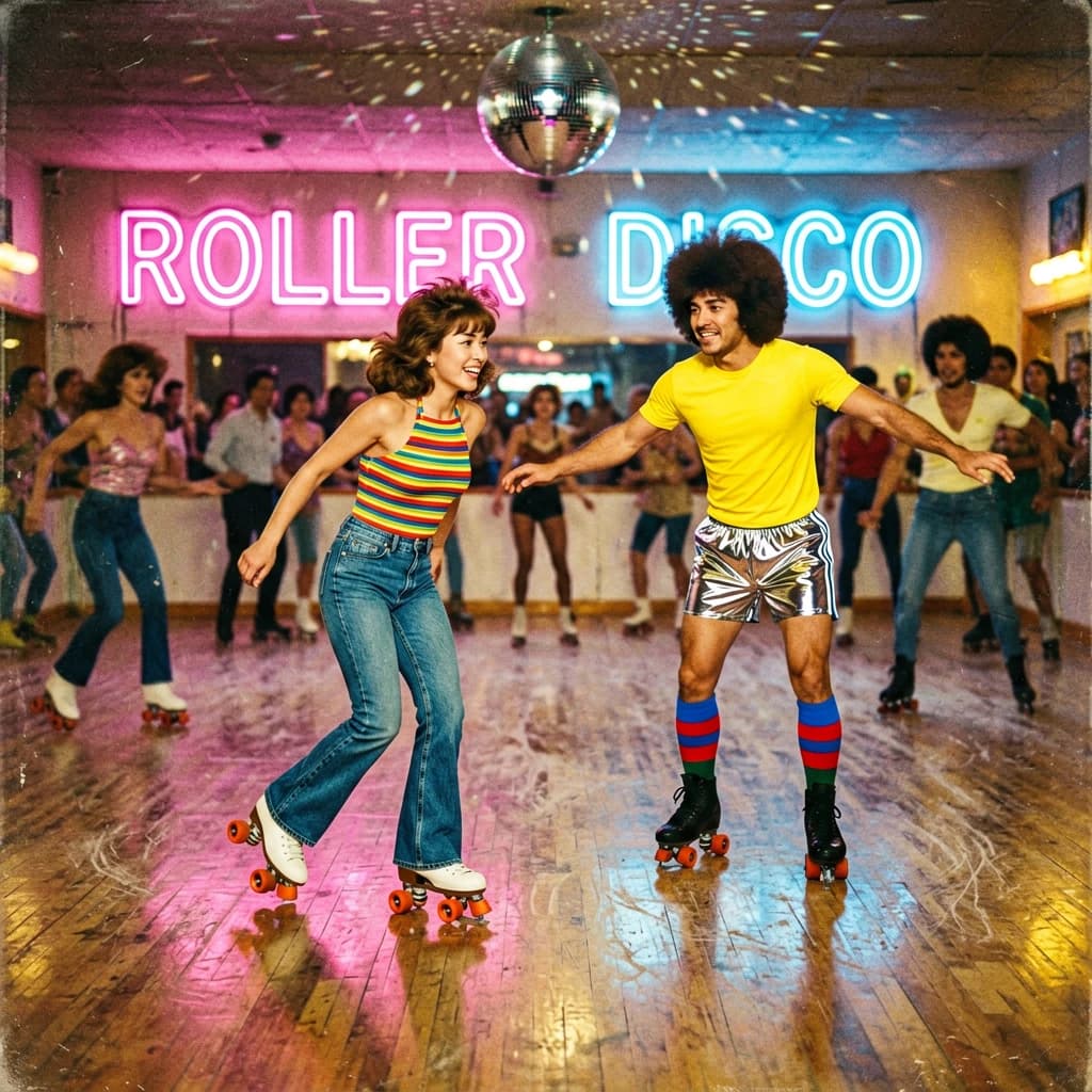 A 1970s roller rink crowd skates under neon, with a bit of fade and film grain.