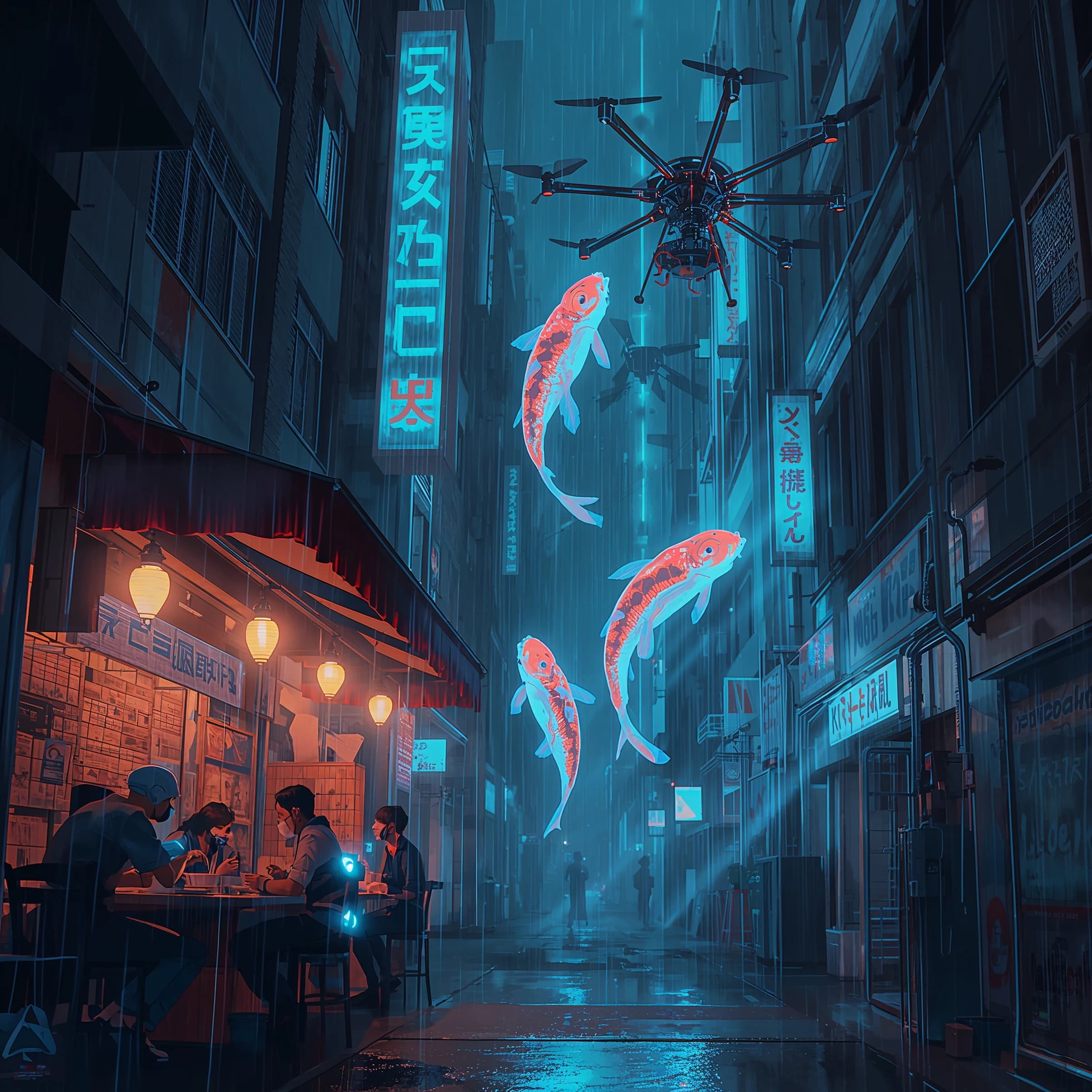 A neon alley in Neo-Tokyo 2142 drips with rain Cybernetic patrons slurp ramen at a stall with their glowing implants humming with blue light. Three giant holographic koi hover 10 metres above the ground and swim across the skyline, one has clipped into a building. A six-prop drone hovers nearby, projecting "Artificial Analysis" onto a wall with blue laser beams visible