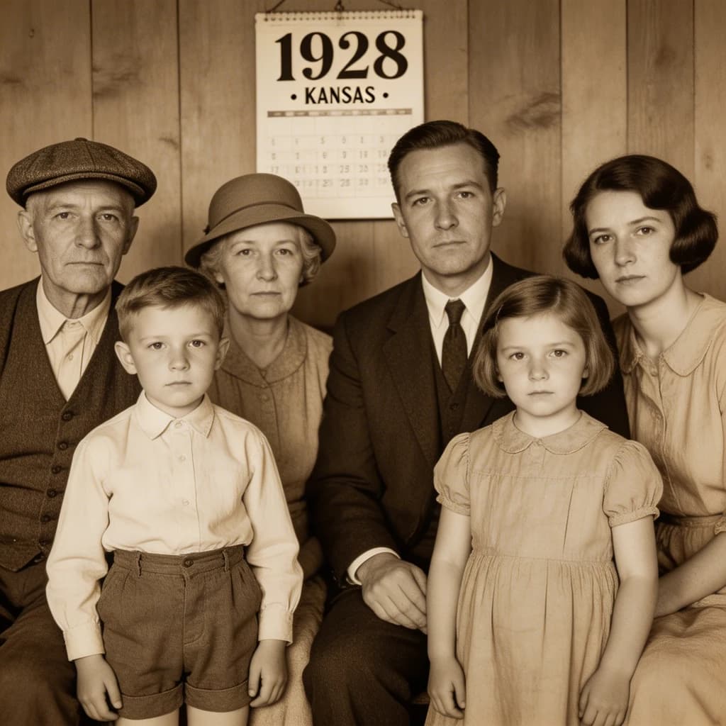 Everybody holds still and nobody smiles for the family portrait. It's 1928 in Kansas