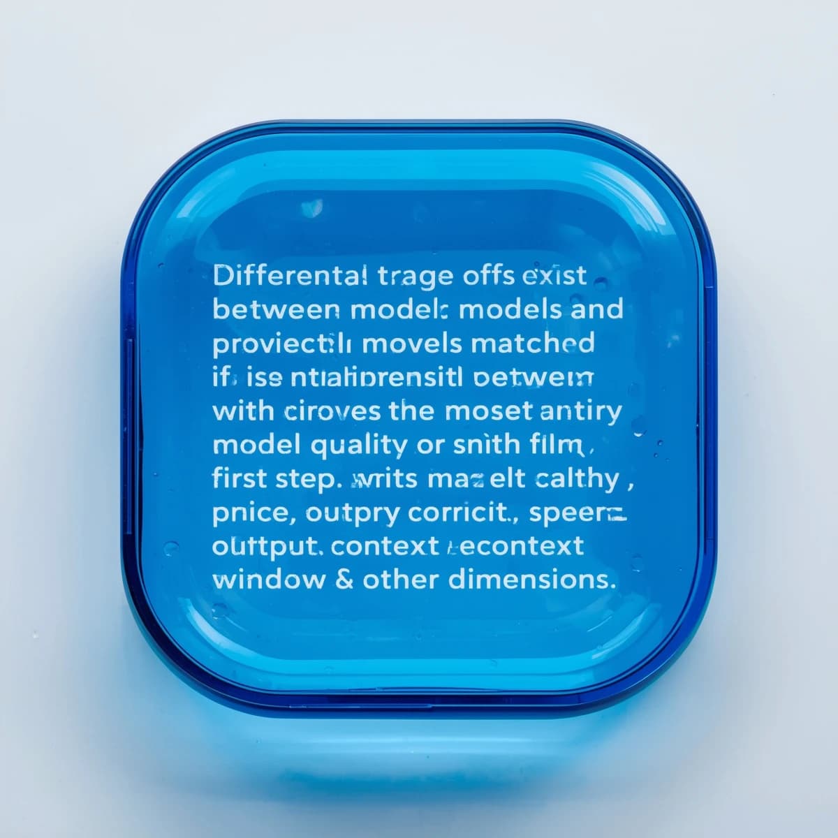 In a clear transparent blue glassy rounded box, etch "Different trade offs exist between different models and providers and as such, it is important to start with how you intend to use the model as the first step. Trade-offs exist currently between model quality, price, output speed, latency, context window & other dimensions. " in sans serif medium weight text. Artificial Analysis is watermarked over the top right 