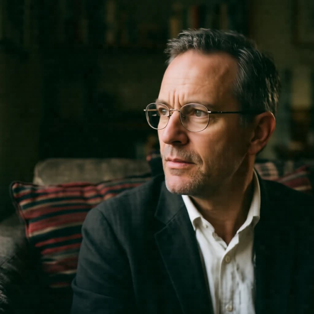 A sharply lit portrait of a middle-aged man wearing thin-rimmed glasses and a dark jacket over a white collared shirt. He gazes intently to the side, his face half illuminated by warm light while the background recedes into deep shadow. The expression is thoughtful, almost wary, as if caught mid-conversation. Behind him, a striped cushion in muted reds and blacks adds subtle texture, contrasting with the crisp highlights on his forehead and glasses. The overall mood is contemplative and cinematic, balancing warmth with tension.