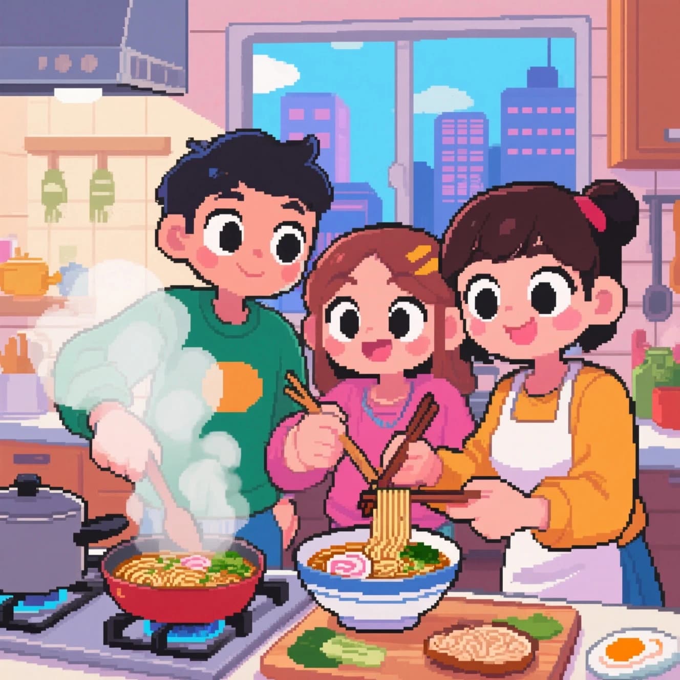 Club friends cooking ramen, steam rising, cel-shaded, city kitchen, big eyes.