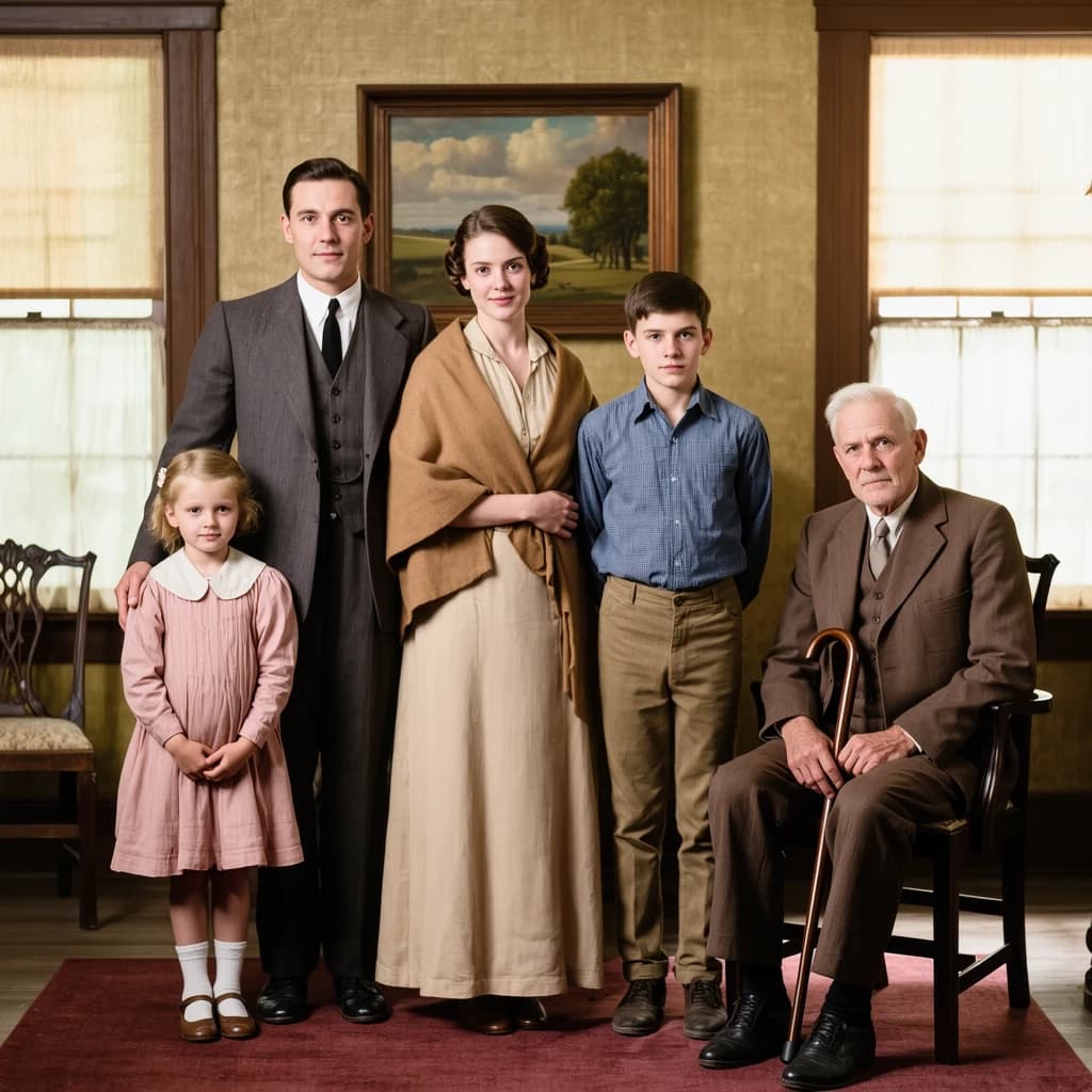 Everybody holds still and nobody smiles for the family portrait. It's 1928 in Kansas