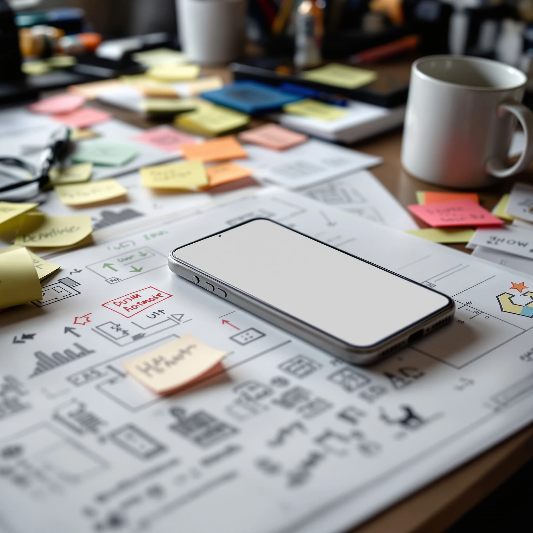 Close-up photo shows a messy desk, wireframes, sticky notes, mobile mockup, mug.