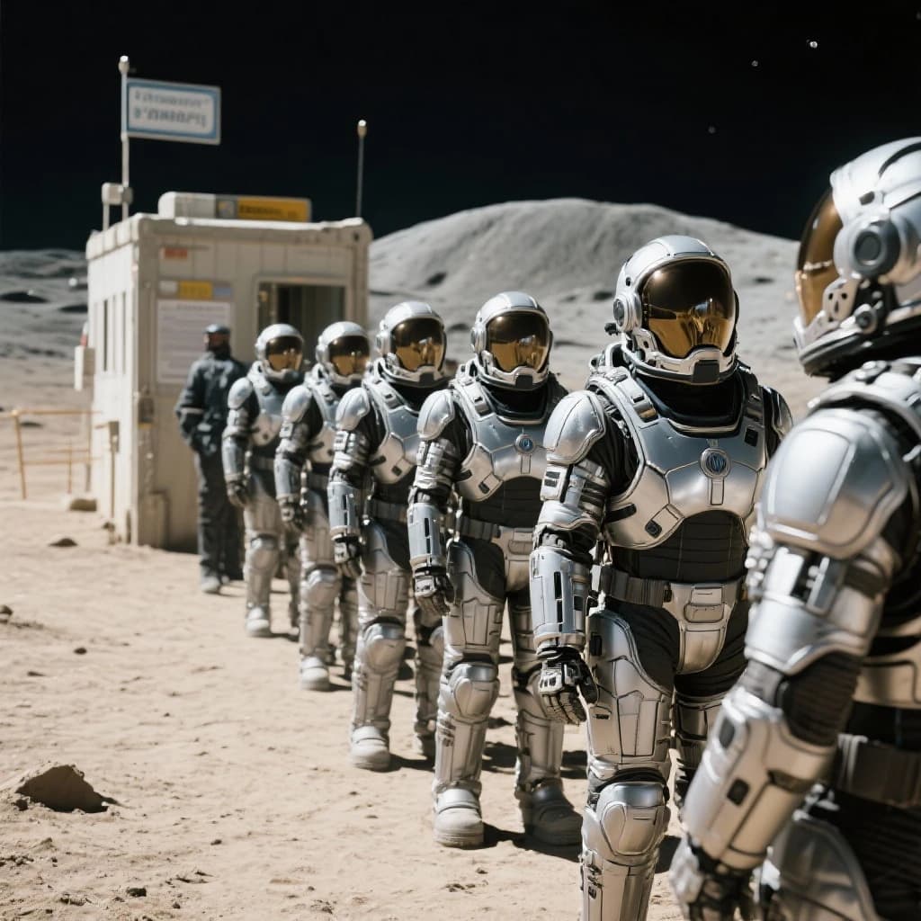 Silver exosuits queue at a dusty lunar checkpoint.