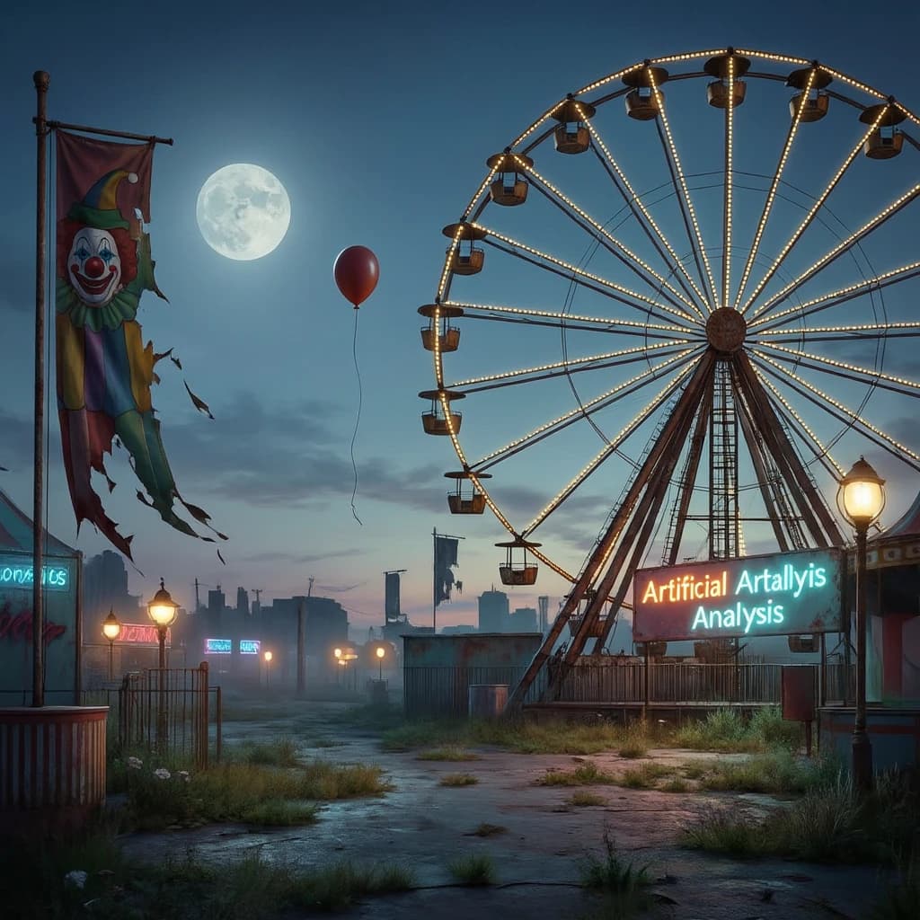 A deserted amusement park glows faintly under a half-moon. The ferris wheel is rusting yet strung with fresh, blinking LED lights. A torn clown banner flaps in a windless air. A lone balloon floats upward, tethered to nothing, while in the far distance city lights flicker on - some neon, some gas lamps as though from another century. 'Artificial Analysis' glows in neon