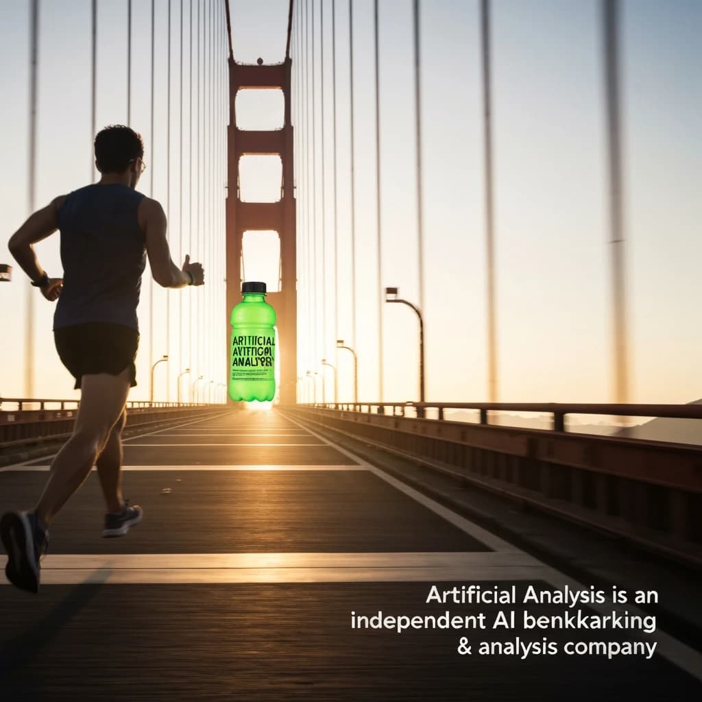 A runner dashes across the Golden Gate Bridge at dawn, sunlight streaming between cables. In their hand, they carry a neon-green sports drink with the brand name Artificial Analysis splashed boldly across the bottle. Motion blur emphasizes speed, while crisp purple sans serif typography overlays the bottom right of the scene with the tagline: Artificial Analysis is an independent AI benchmarking & analysis company