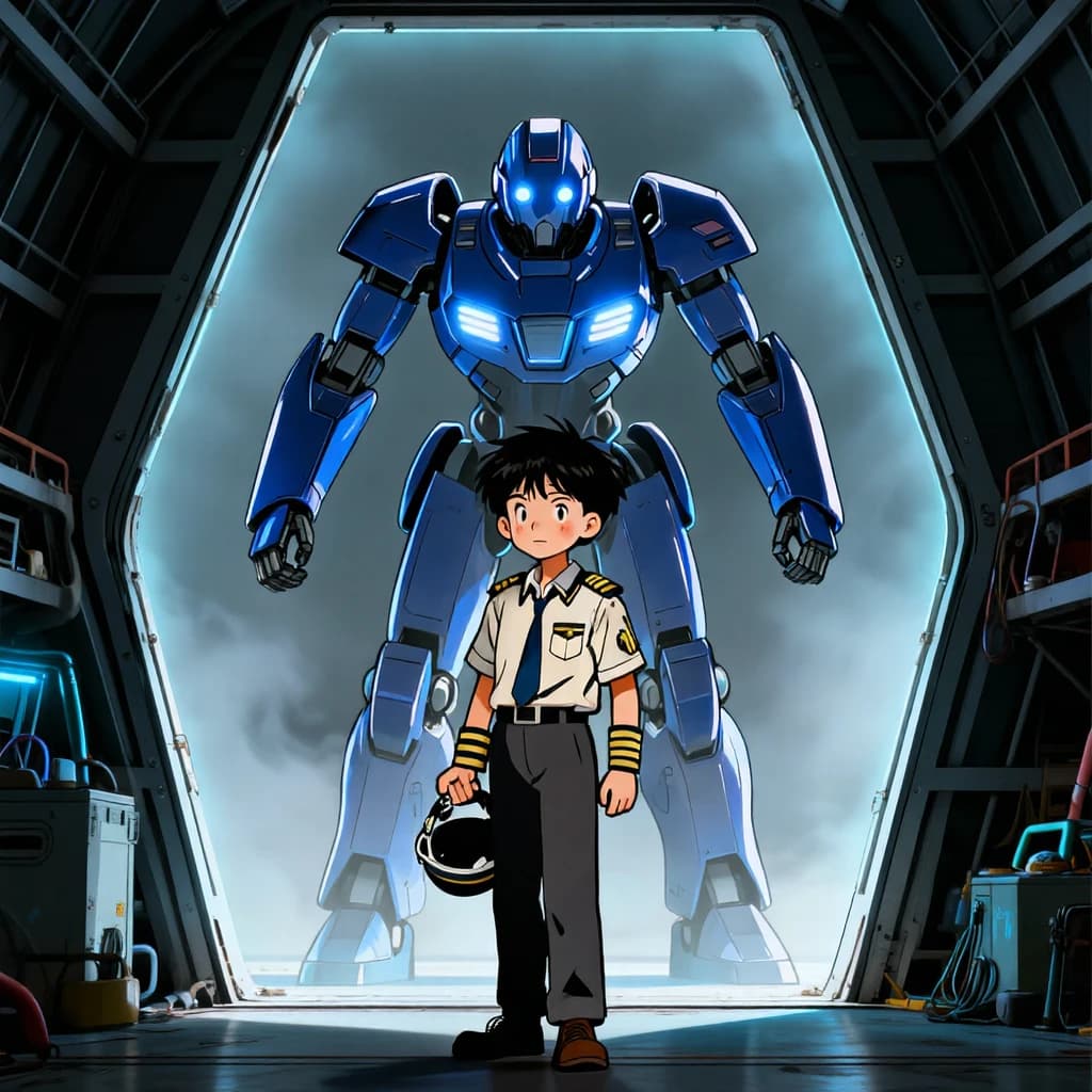 A teenage pilot grips his helmet under one arm, standing at the edge of a glowing hangar bay. Before him looms a sleek, steel-blue mech, its eyes lit with a cold electric glare. His school uniform is rumpled, a sharp contrast to the machine’s flawless plating. The vast scale engulfs him in shadow, emphasizing both awe and dread. Hand-drawn anime style.