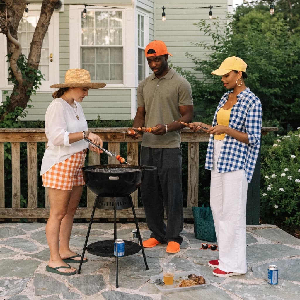 Friends grill skewers on a slightly messy patio.