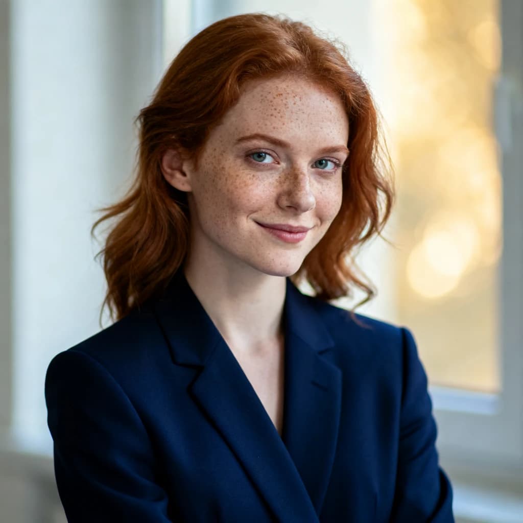 Capture a head-and-shoulders portrait of a freckled red-haired violinist in a navy blazer, soft window light, 85mm at f/1.8, gently smiling yet serious eyes, muted tones.