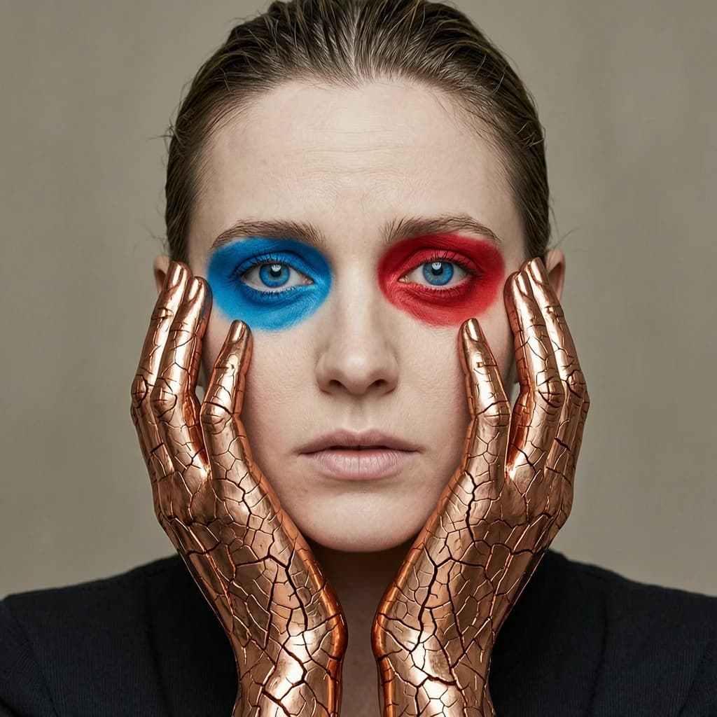 A striking close-up portrait of a woman with cracked metallic copper-painted hands framing her face. Her vivid blue and red eye makeup contrasts sharply with the smooth, pale skin and muted background, creating a bold, surreal composition. She displays an air of uncertainty about her