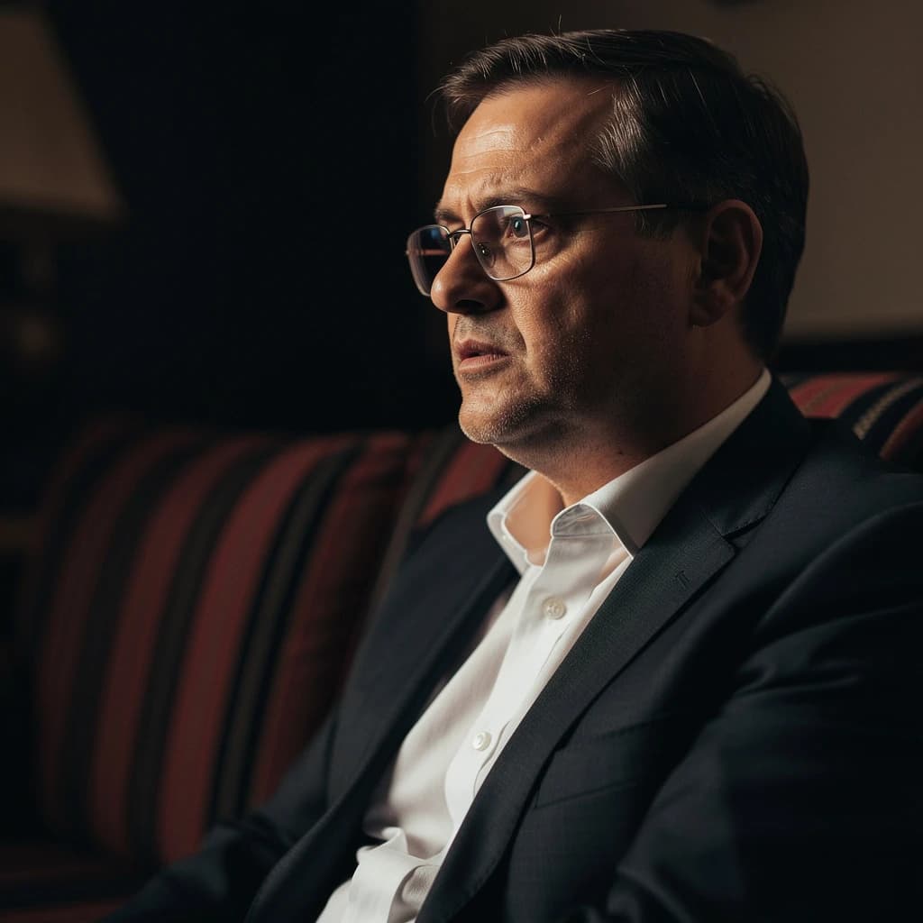 A sharply lit portrait of a middle-aged man wearing thin-rimmed glasses and a dark jacket over a white collared shirt. He gazes intently to the side, his face half illuminated by warm light while the background recedes into deep shadow. The expression is thoughtful, almost wary, as if caught mid-conversation. Behind him, a striped cushion in muted reds and blacks adds subtle texture, contrasting with the crisp highlights on his forehead and glasses. The overall mood is contemplative and cinematic, balancing warmth with tension.