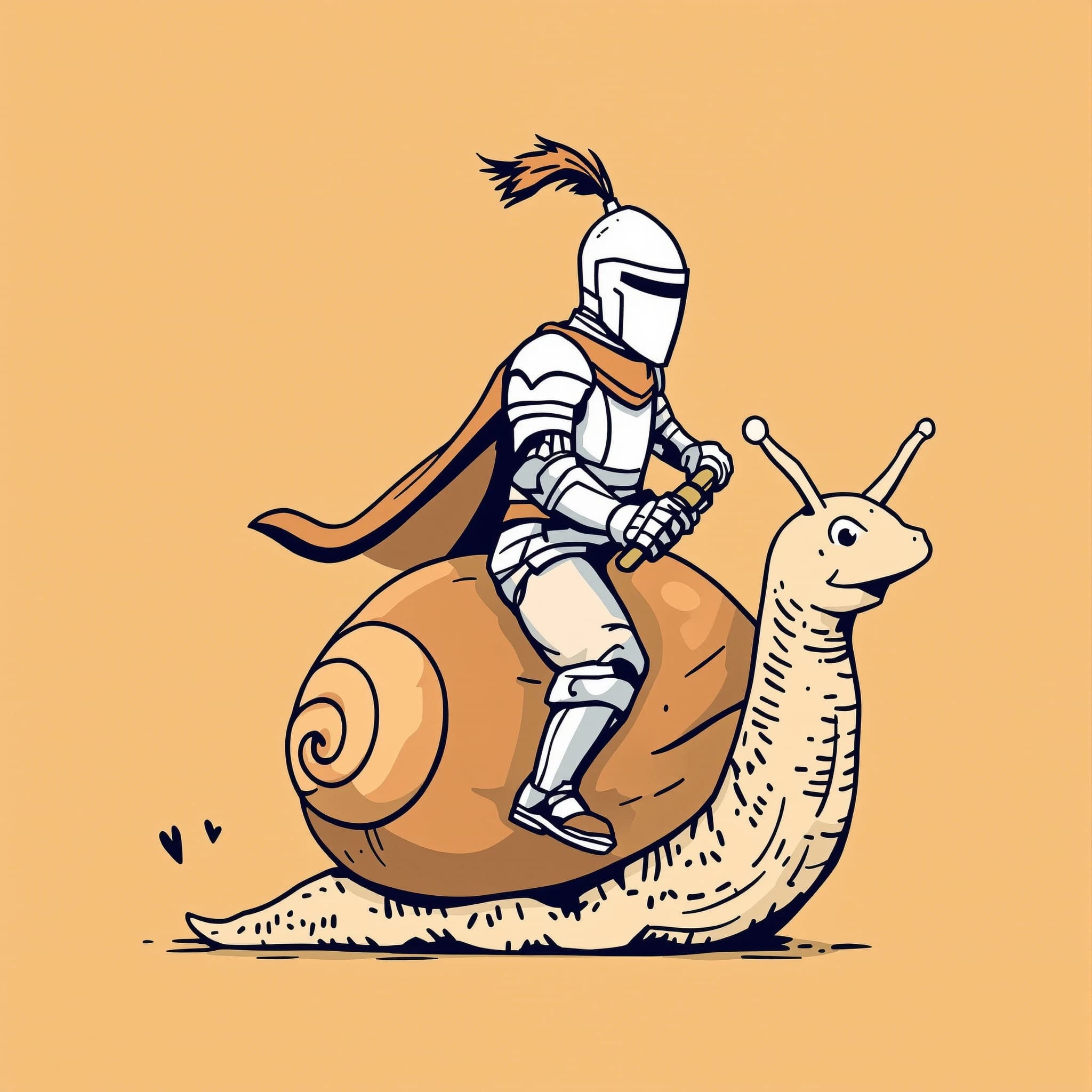 A knight rides a snail, bold lines, flat color.