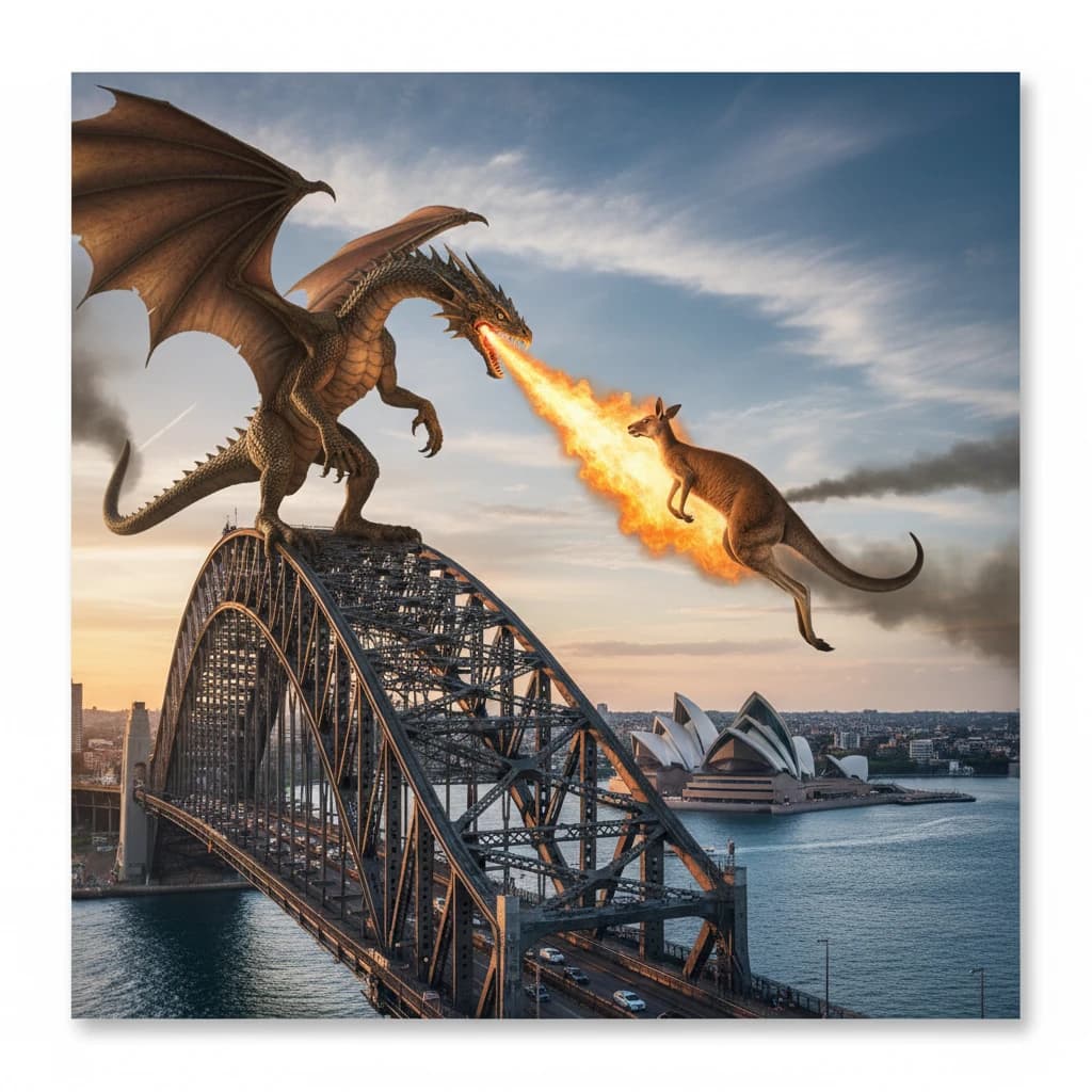 A dragon breathes fire at a kangaroo that is running away by climbing over the top of the Sydney Harbour Bridge. Opera House visible in the background.