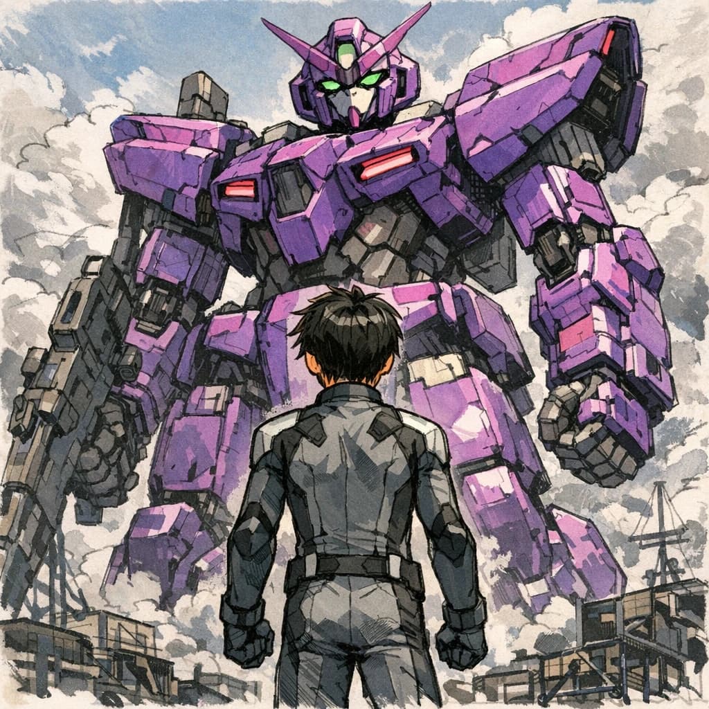 Clad in his body suit up to the neck, young Masa nervously approaches the towering mech with his back facing us. He is nervous for his first time in the field. The mech's bright purple colour scheme contrasts with the grey body suit. The scale of the mech dwarfs Masa. Hand drawn style