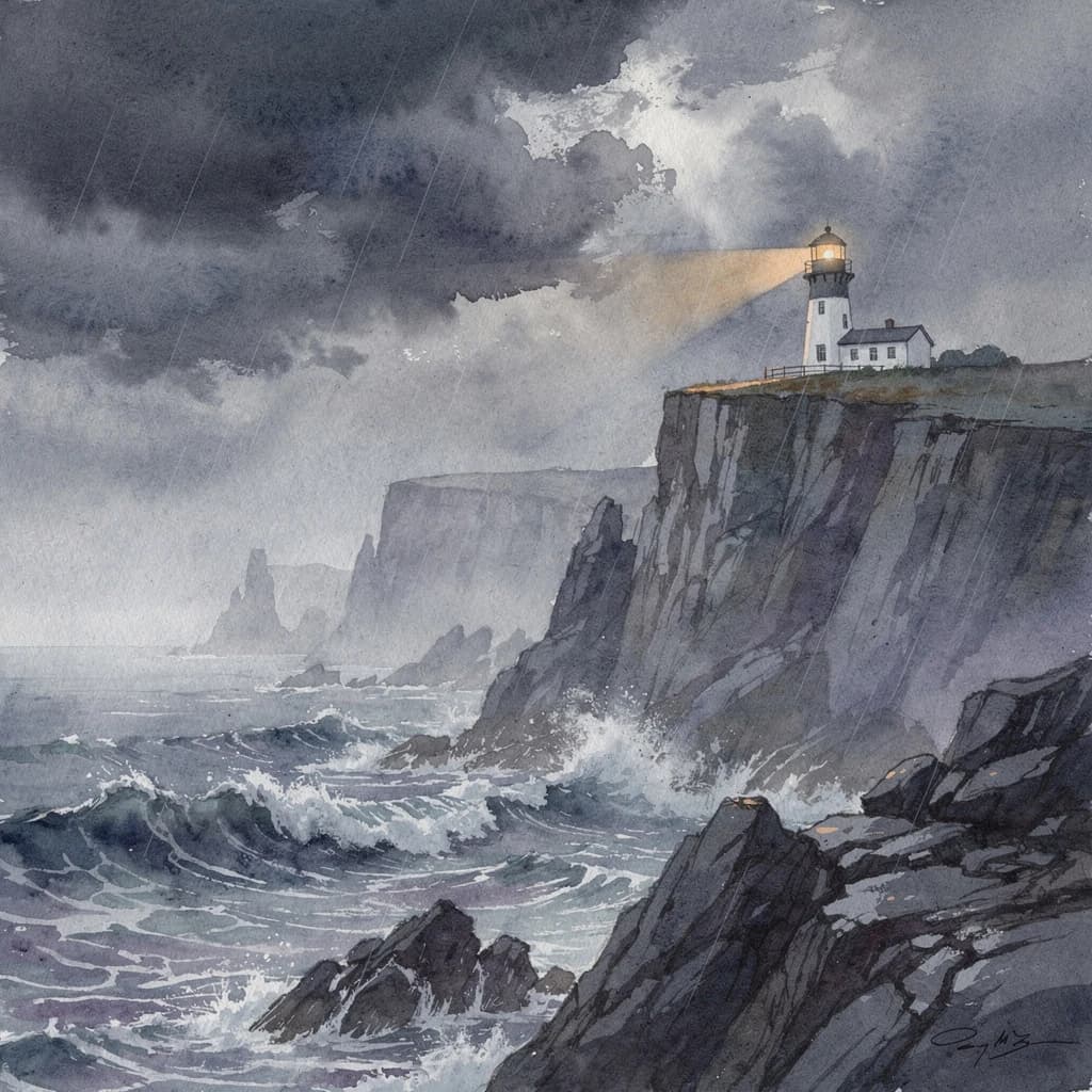 Please paint a watercolor of stormy cliffs and a lighthouse, moody sky.