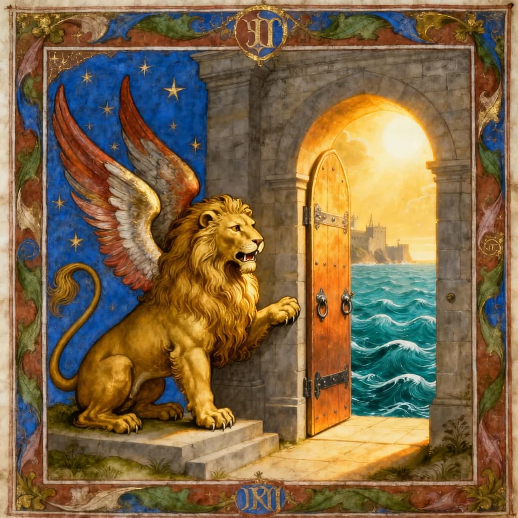 Paint an illuminated manuscript scene of a winged lion guarding a sea gate.