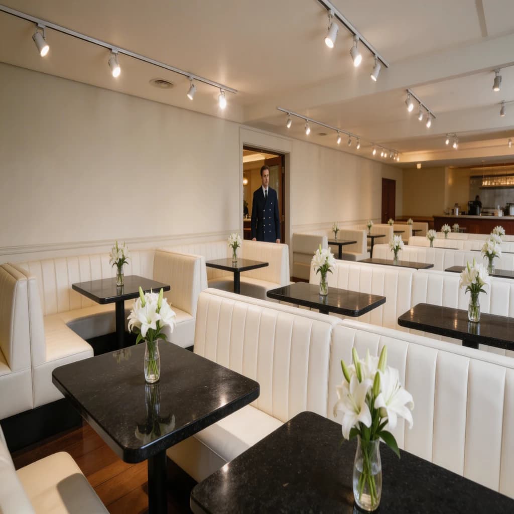 The place is almost empty. The banquettes are covered in white leather, the tables black granite, and the entire room is bathed in halogen track lighting that seems too bright. The maître d’ wears a double-breasted wool crepe jacket. There are lilies on every table.