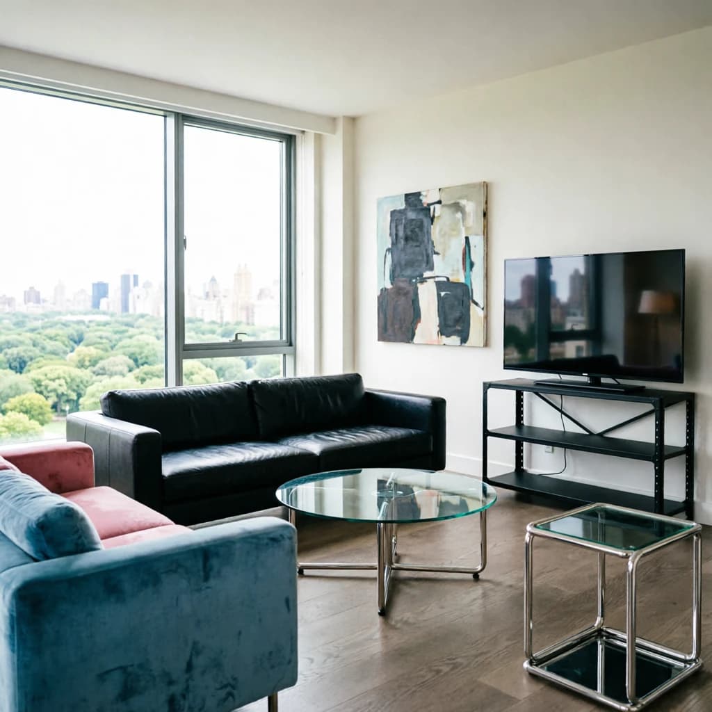 My apartment overlooks Central Park. It’s very luxurious, very expensive, and the furniture is minimal — a black leather couch, a glass coffee table with chrome legs, an Arne Jacobsen floor lamp. A big-screen television set rests on a steel shelving unit. A David Onica painting hangs above the couch. There’s a stainless steel and glass cocktail table. A powder-blue sofa. A thirty-inch digital TV.