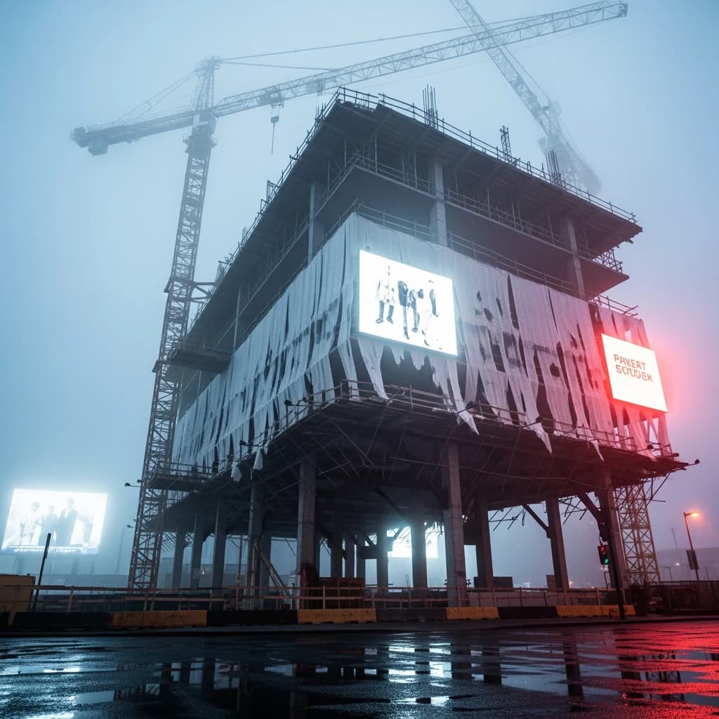 A construction site stretched upward into fog, cranes frozen in silhouette. Wind rattled scaffolding draped with torn mesh that glowed faintly from nearby billboards
