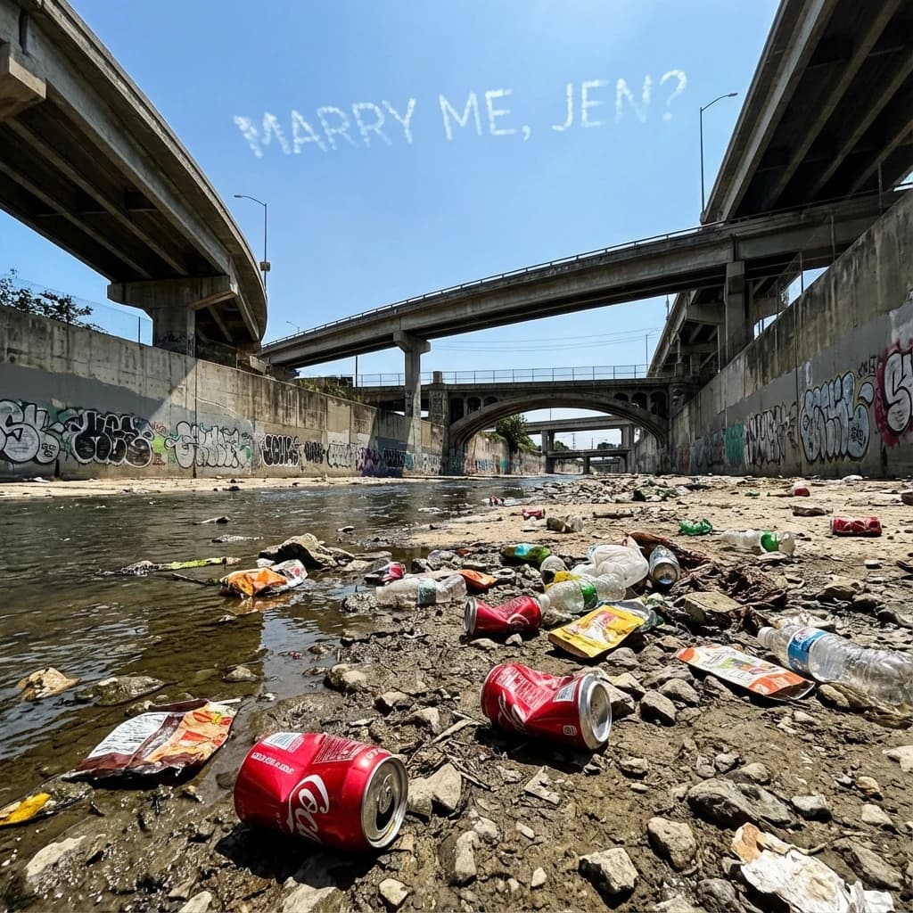 Red soda cans and other garbage sit strewn across the bank of an urban river only a few metres wide. Concrete overpasses criss cross overhead on a bright and sunny day. Fading skywriting proposes marriage