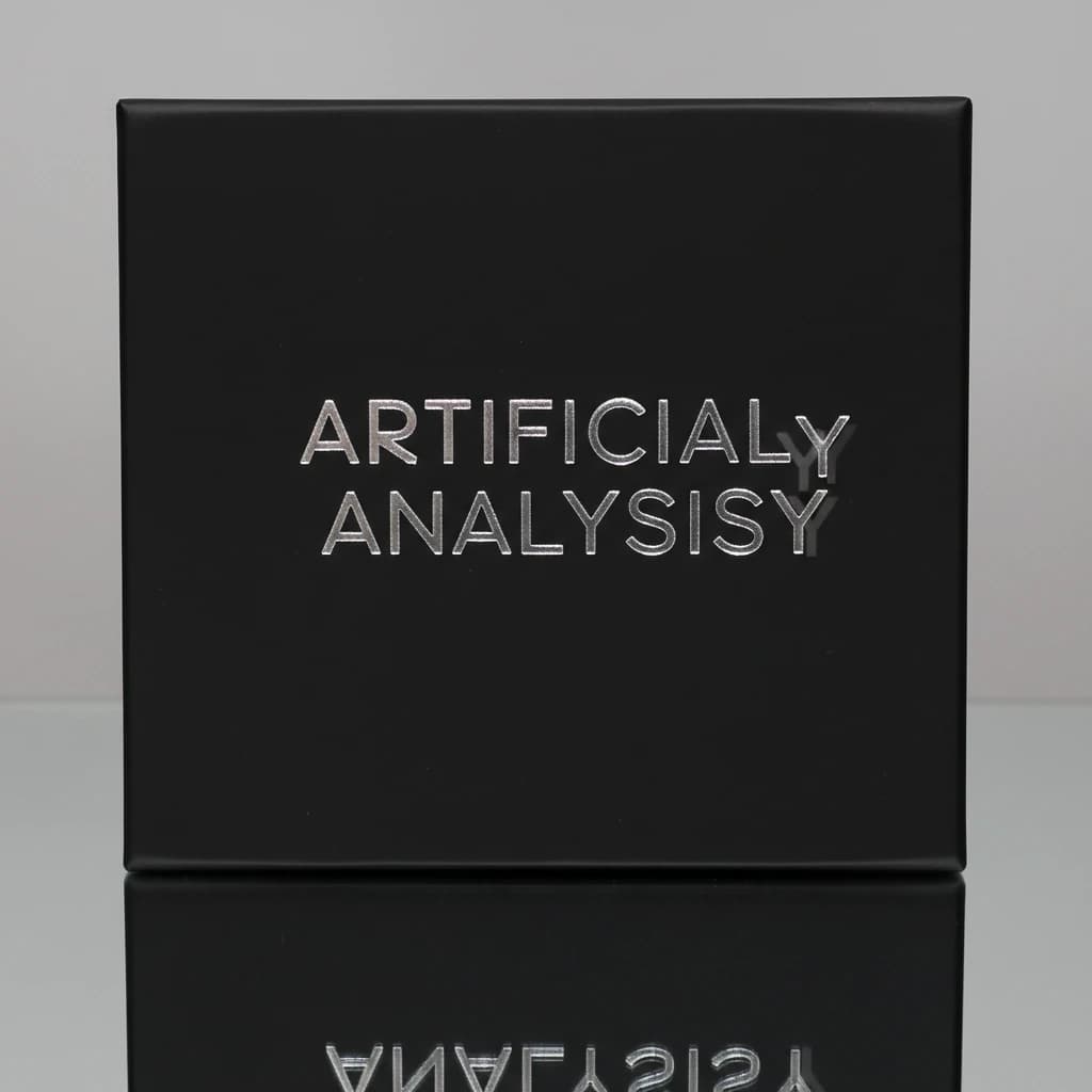 On the black box, silver foil embossing, centered: "Artificial Analysis" in Comic Sans Small Caps, perfectly justified. The letters are crisp, but the “Y” is duplicated faintly, ghosting right. On the box’s reflection, the word order is inverted: ARTIFICIAL ANALYSIS.
