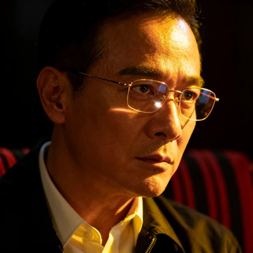 A sharply lit portrait of a middle-aged man wearing thin-rimmed glasses and a dark jacket over a white collared shirt. He gazes intently to the side, his face half illuminated by warm light while the background recedes into deep shadow. The expression is thoughtful, almost wary, as if caught mid-conversation. Behind him, a striped cushion in muted reds and blacks adds subtle texture, contrasting with the crisp highlights on his forehead and glasses. The overall mood is contemplative and cinematic, balancing warmth with tension.