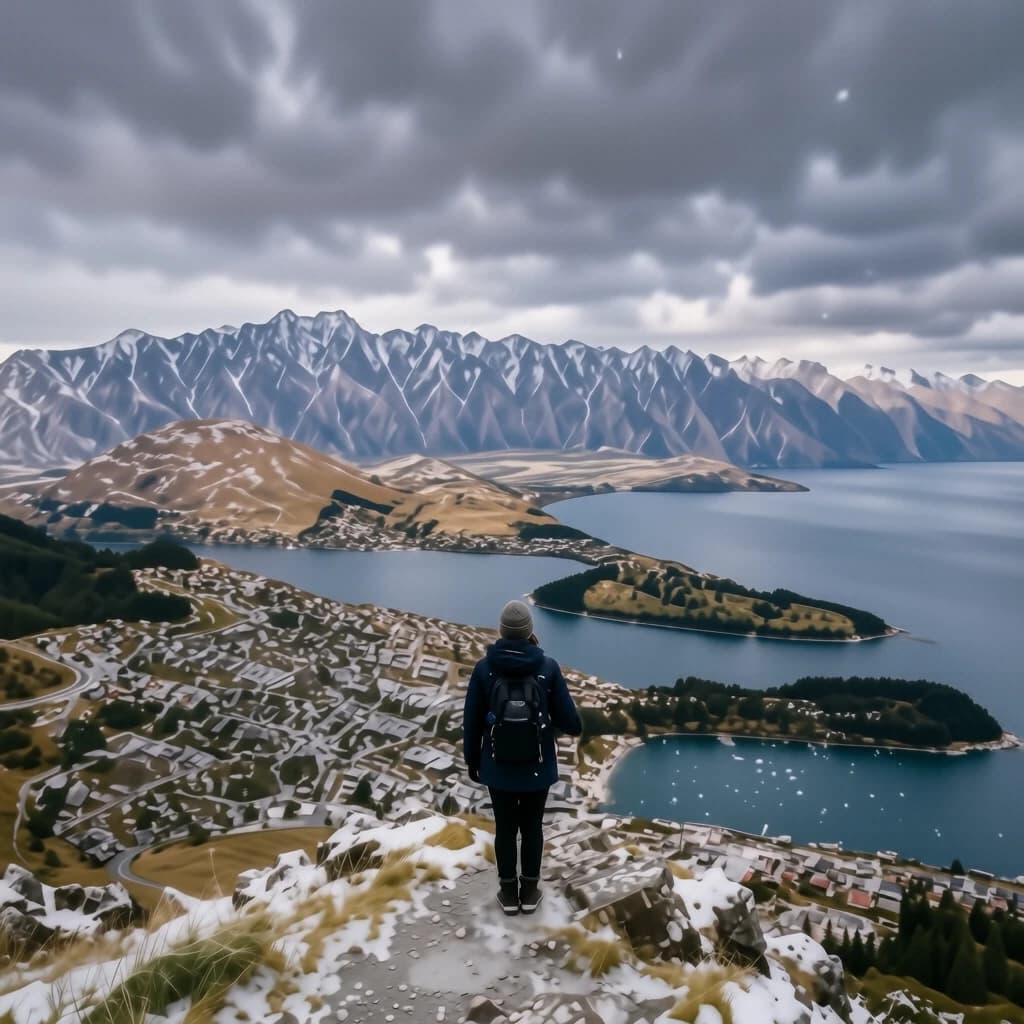 Queenstown's Lake Wakatipu, viewed from the top of Queenstown Hill after a snowstorm just dusted the top of Cecil's Peak