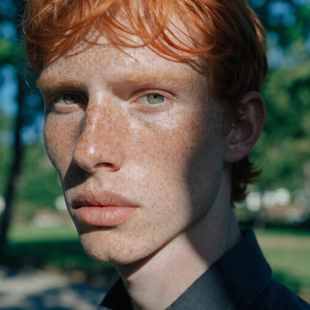 Shoot a natural light headshot of a red-haired man with freckles, green eyes.