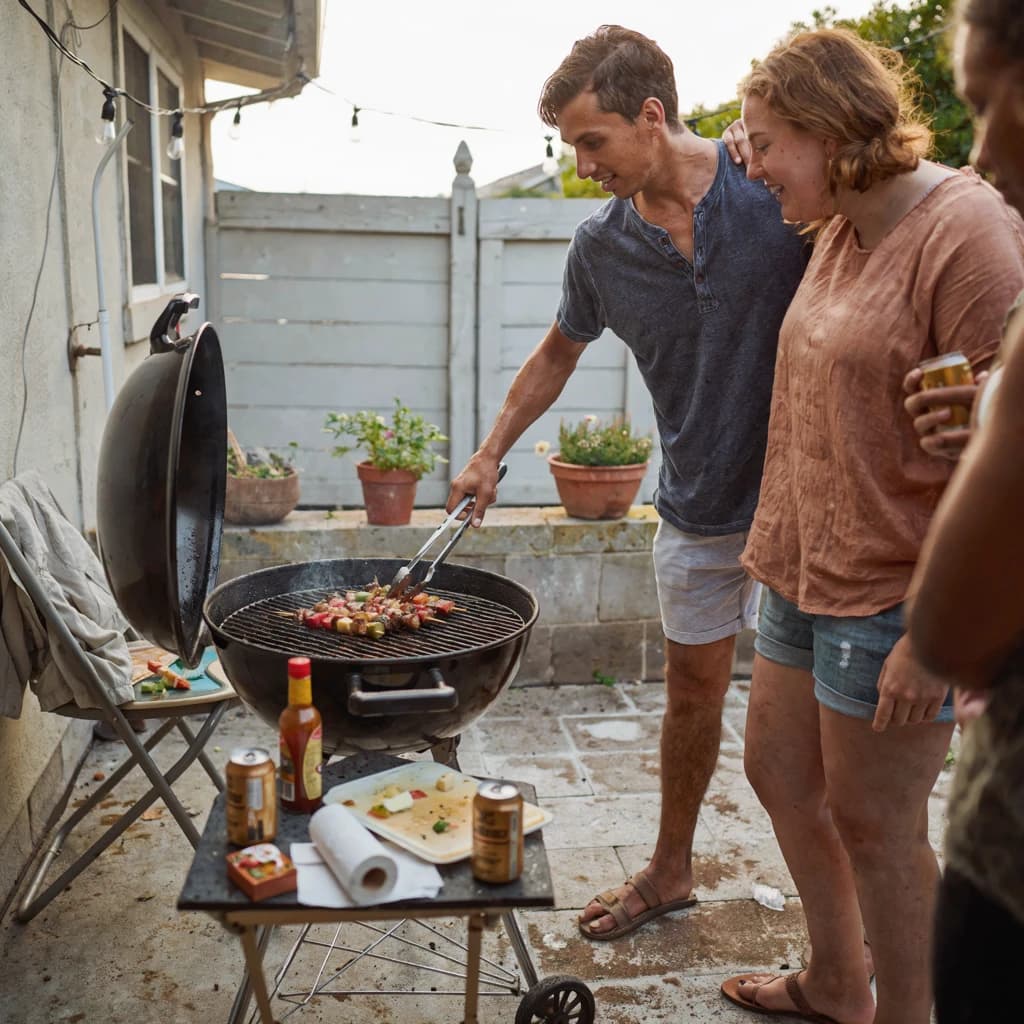 Friends grill skewers on a slightly messy patio.
