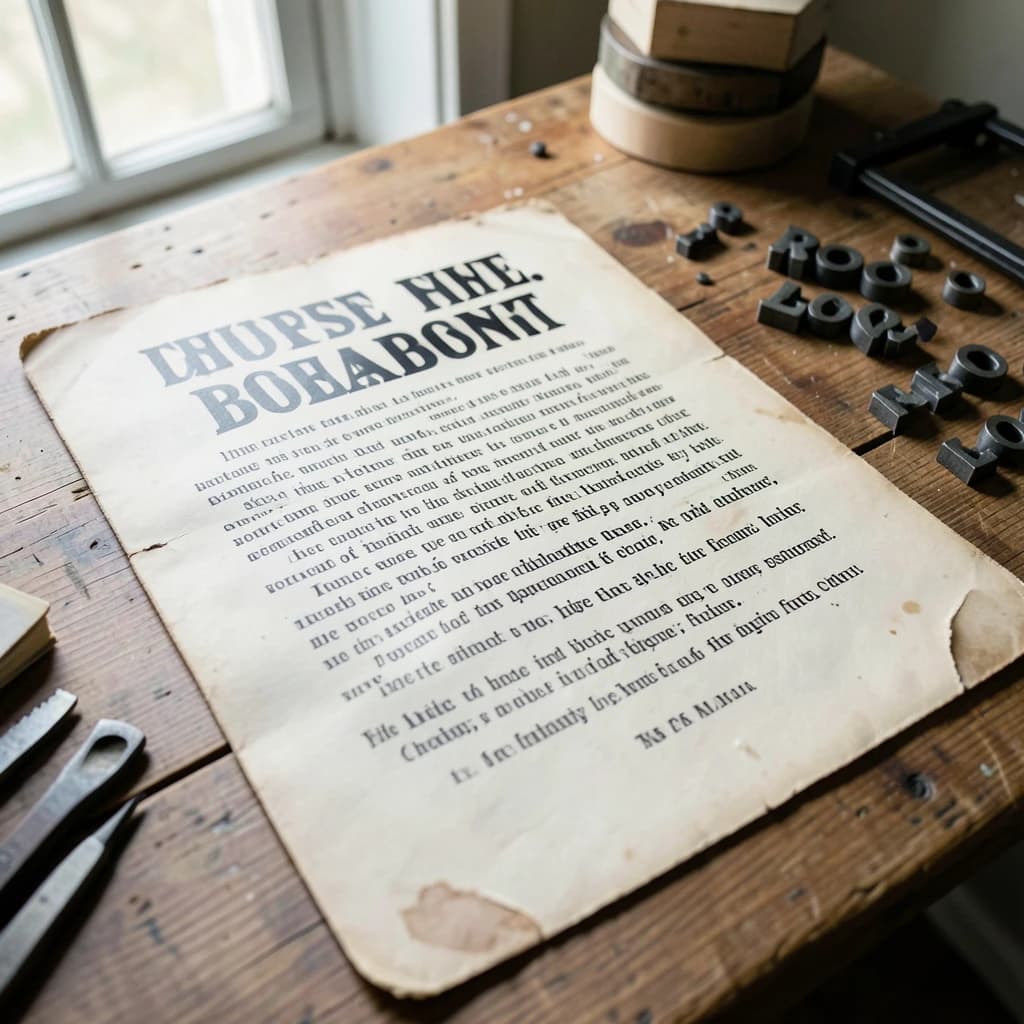 A vintage letterpress poster on a wooden desk: bold slab serif headline, tight kerning, misregistered ink, slightly worn edges, scattered metal type, soft window light.