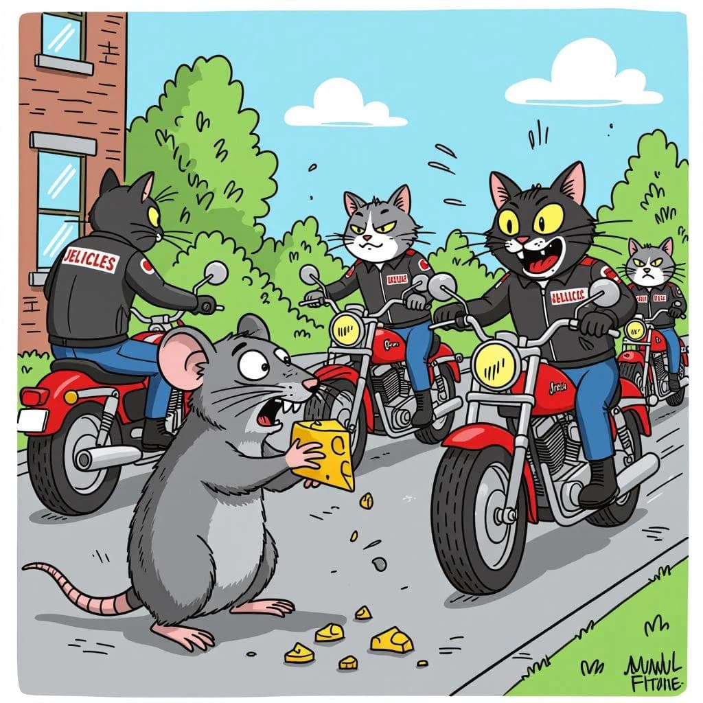 The cartoon rat clenches his thin wedge of cheese and trembles in fear as he hides from the menacing Jellicles, the roaming cat motorcycle gang, all wearing their colors with the name on the back. The cats have all drunk far too much milk and are causing a big ruckus! One cat is close to finding the rat