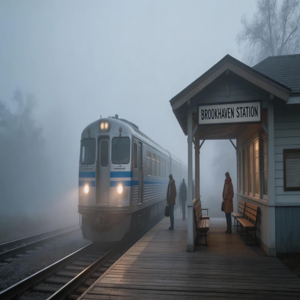 A commuter train enters a foggy little station.