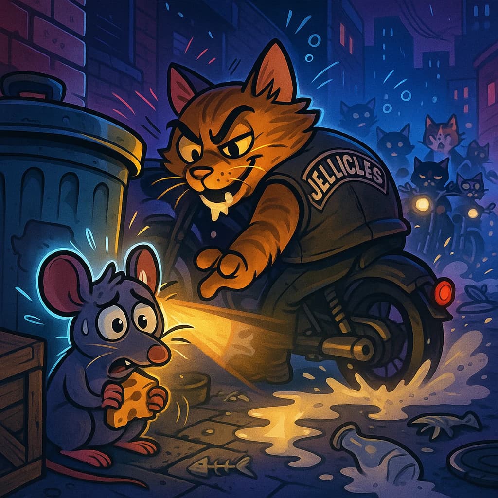 The cartoon rat clenches his thin wedge of cheese and trembles in fear as he hides from the menacing Jellicles, the roaming cat motorcycle gang, all wearing their colors with the name on the back. The cats have all drunk far too much milk and are causing a big ruckus! One cat is close to finding the rat