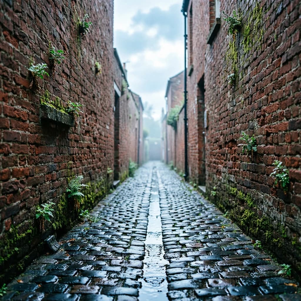 Show a narrow brick alley with wet cobblestones.
