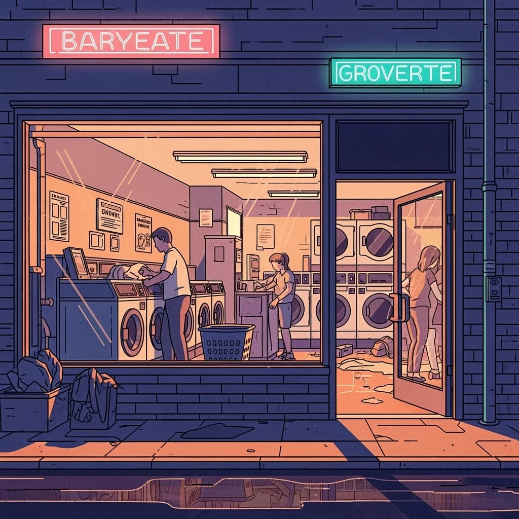 A cozy laundromat at dusk, neon humming, flat colors, bold inked lines.