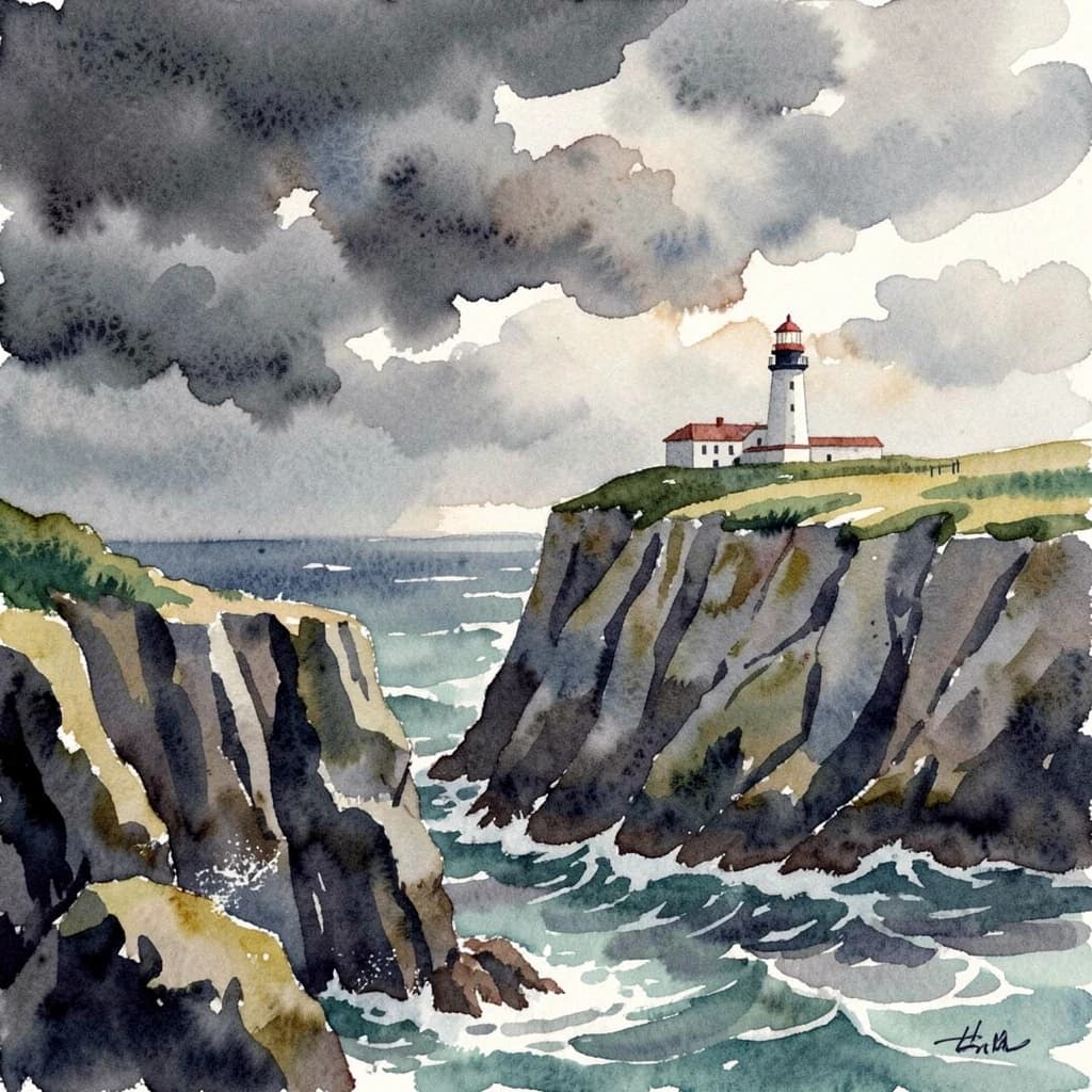 Please paint a watercolor of stormy cliffs and a lighthouse, moody sky.