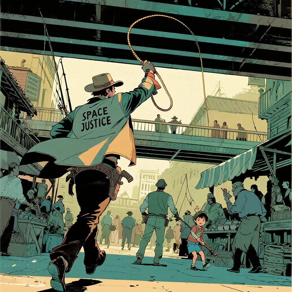 The space cowboy chases the deranged fisherman underneath the causeway, eager to collect on his bounty. Fishing rods and lines hang off the back off the fishermen as he darts between the bustling market crowd. We see the back of the space cowboy in his space poncho emblazoned with the words SPACE JUSTICE, spinning his lasso over his head. A child on the sidelines excitedly cheers the cowboy. 1990s hand drawn anime style with strong fluidity